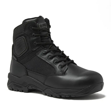 Black leather tactical boot featuring non-metallic composite for first responders and firefighters