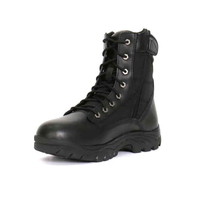 Black leather SWAT style lace-up combat boot with rugged sole and zippers BTM1012