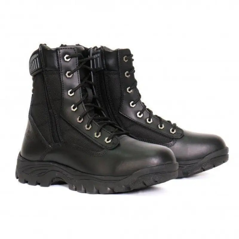 Black leather SWAT style lace-up boots with zippers, perfect for tactical wear