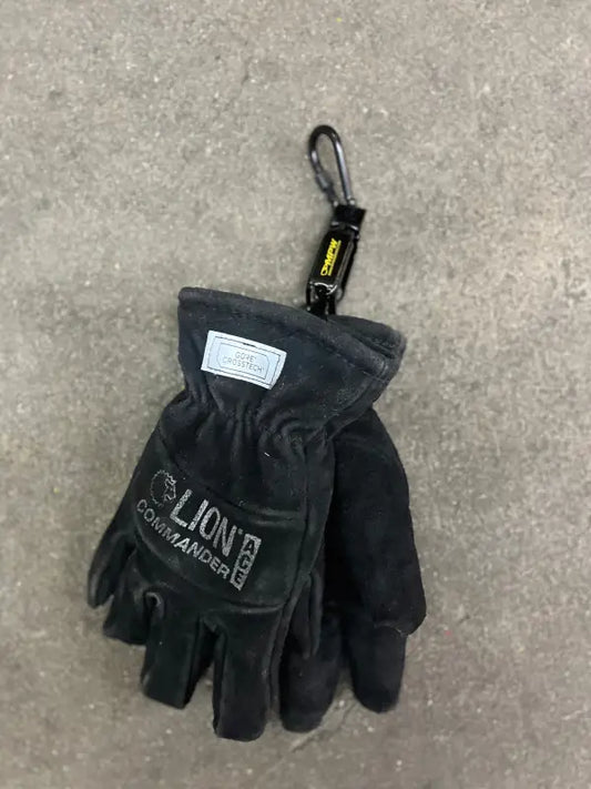 Black leather work gloves with a carabiner for glove holder and first responders, high-grade metal