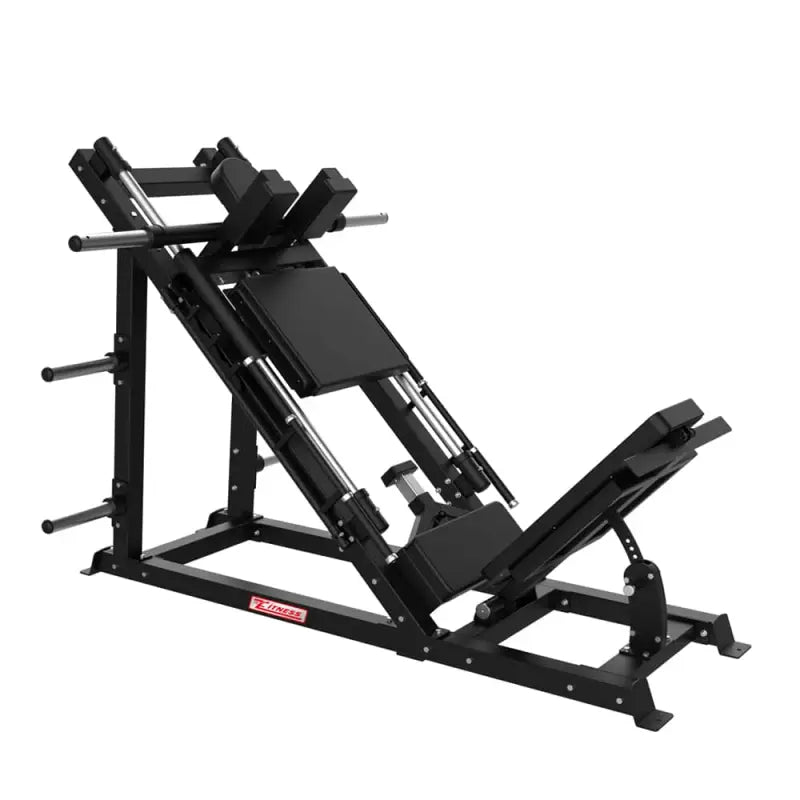 Black leg press machine in SFE Commercial 45 Degree Plate Loaded Leg Press Hack Squat Combo