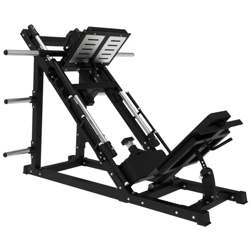 Black leg press machine in SFE Commercial 45 Degree Plate Loaded Leg Press Hack Squat Combo