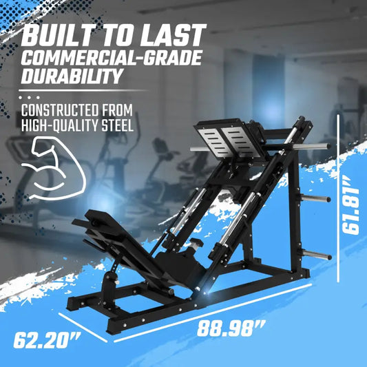 Black plate loaded leg press hack machine with dimensions for SFE Commercial 45 Degree Hack Squat Combo
