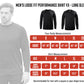 Black long-sleeve performance athletic shirt with size chart for MudGear Men’s Loose Fit Performance