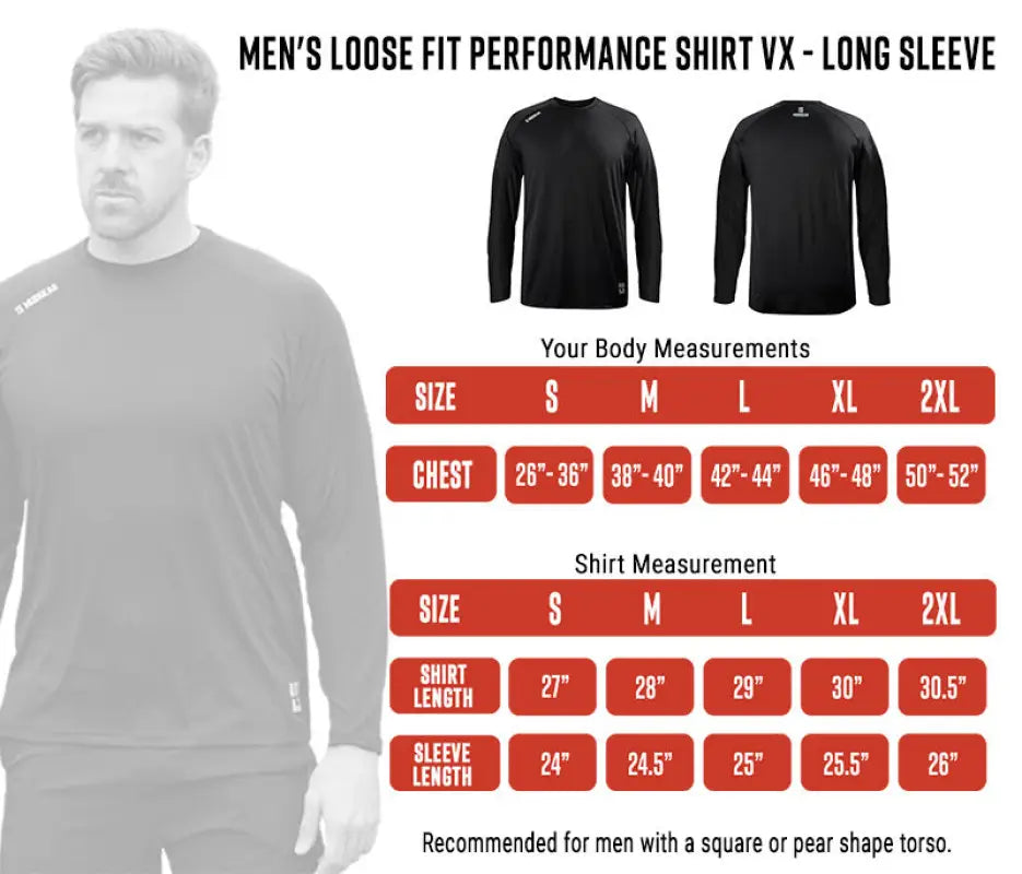 Black long-sleeve performance athletic shirt with size chart for MudGear Men’s Loose Fit Performance