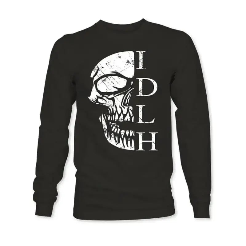 Black long sleeve sweatshirt with white skull design and IDLH text, OG Skull Long Sleeve