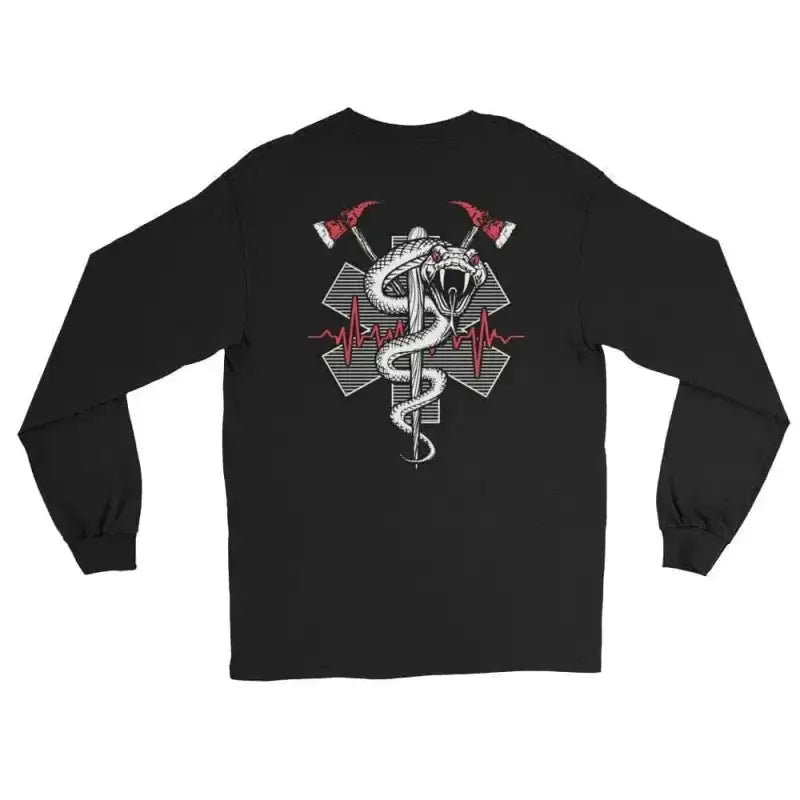 Black long sleeve t-shirt with caduceus and axes design, part of Snake On A Fire Stick - Long