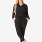 Black long-sleeve jumpsuit with drawstring waist, perfect for women’s long-sleeve scrub