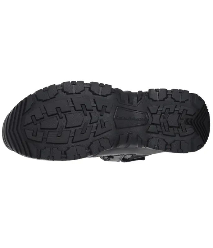 Black lug-soled shoe with polishable toe for first responders and hot weather comfort