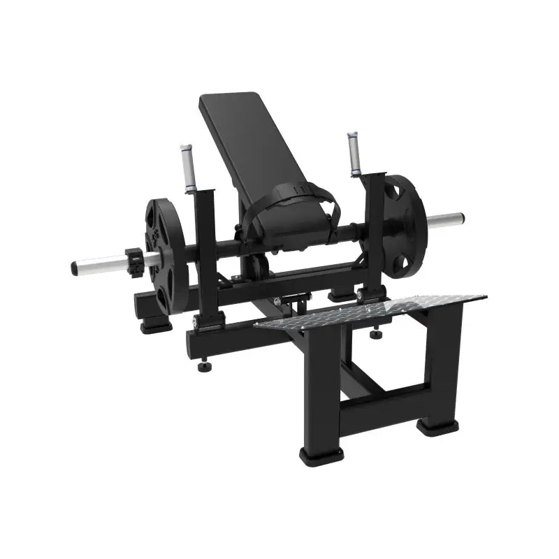Black plate loaded hip thrust glute machine with bench for strength training