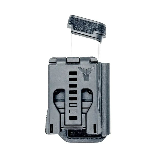 Black magazine holster for Hellcat Pro OWB Magazine Pouch with Four Brothers Holsters and retention adjustment