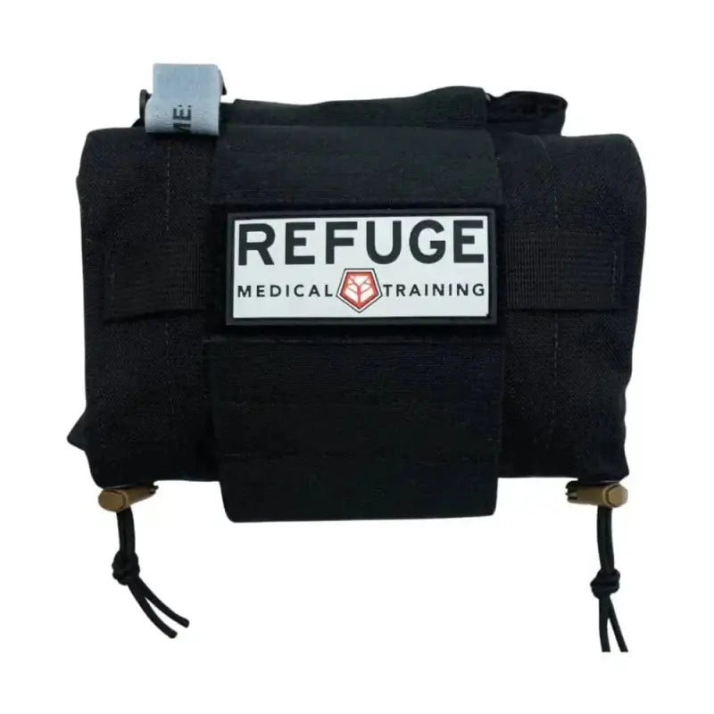 Black REFUGE medical training bag with adjustable straps and empty pouch, week lead-time