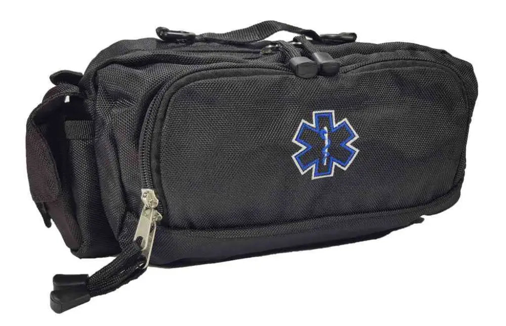 Black Deluxe First Aid Nylon Fanny Pack EMT with blue Star of Life emblem, ideal for paramedics