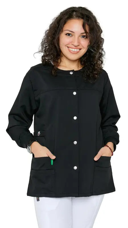 Black Women’s Snap Jacket Warm Up Uniform Scrub with snap buttons and front pockets