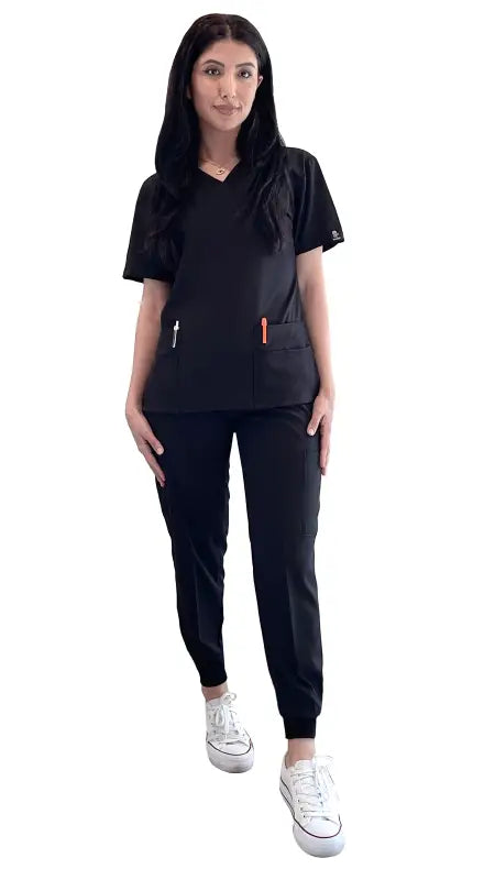 Black Women’s 4-Way Extreme Stretch Jogger Scrubs with short sleeves and jogger-style pants