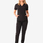 Black women’s stash-pocket scrub uniform with short sleeves and matching pants