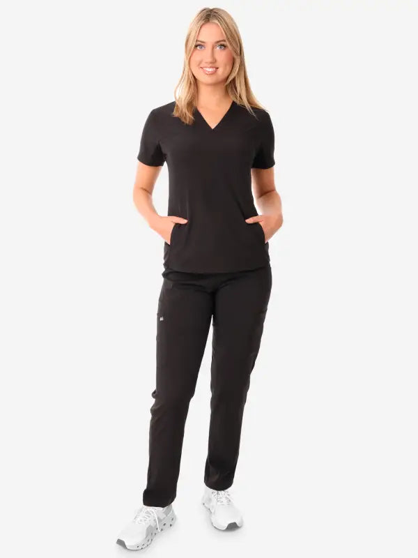 Black women’s stash-pocket scrub uniform with short sleeves and matching pants