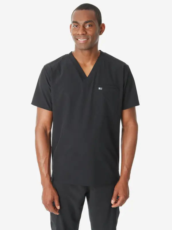 Black V-neck men’s double-pocket scrub top designed for comfort and style