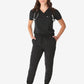 Black women’s tuckable one-pocket scrub top with jogger-style pants and stethoscope