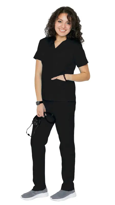 Black Women’s Classic 8 Pocket Uniform Scrubs with short sleeves and pen slot