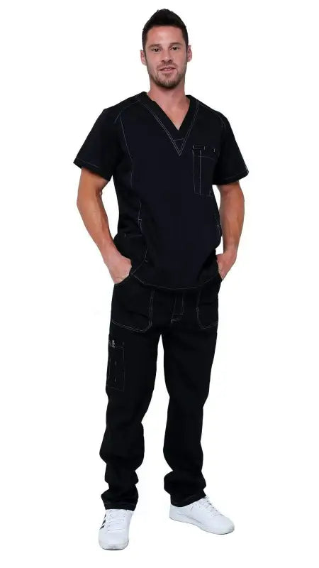 Black Men’s Multi Pocket Utility Medical Scrubs uniform with v-neck top and pants