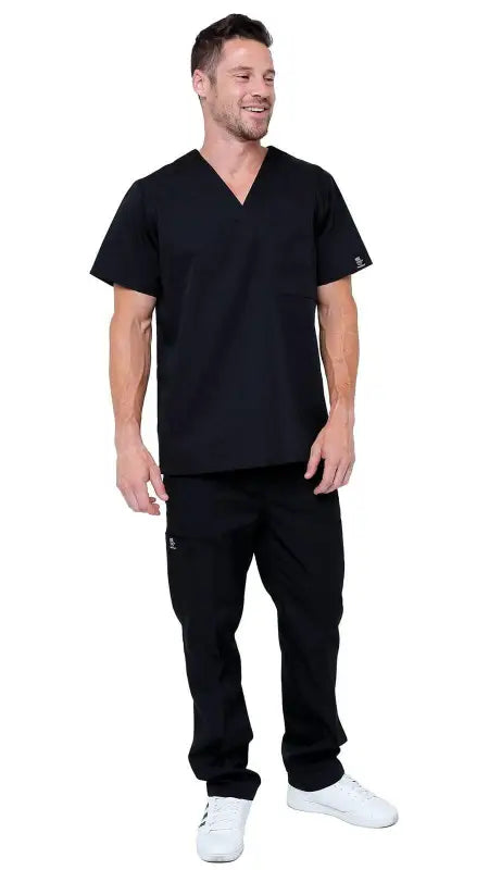 Black Men’s Lightweight 6 Pocket Classic Uniform Scrubs with V-neck Top and Pants