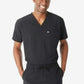 Black medical scrubs featuring a v-neck top and drawstring pants for men’s double-pocket scrub