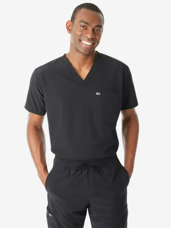 Black medical scrubs featuring a v-neck top and drawstring pants for men’s double-pocket scrub