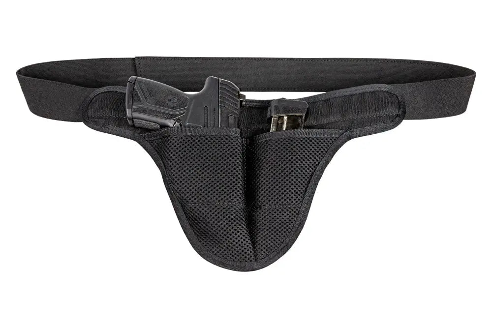 Black mesh athletic protective cup with holster for elite crotch carry and IWB carry