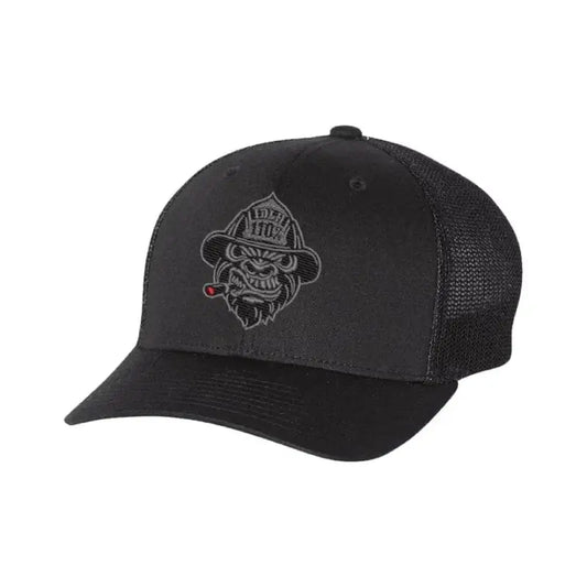 Black mesh-back snapback cap with gray firefighter logo, perfect for fitted trucker style