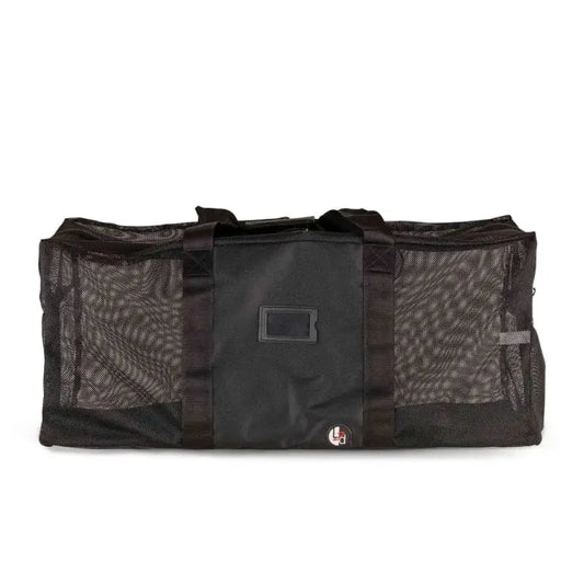 Black mesh firefighter turnout gear bag with handles and impervious bottom