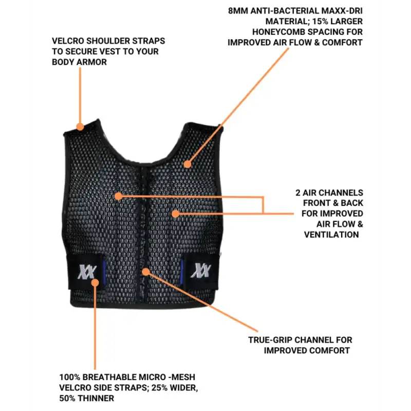 Black mesh Maxx-Dri Vest 4.0 with honeycomb ventilation and adjustable fit for body armor