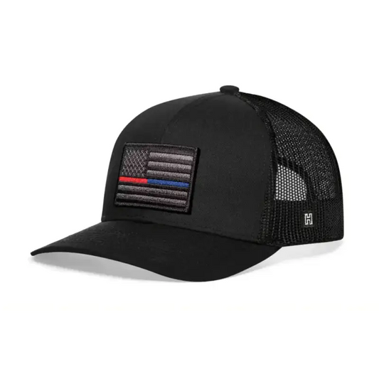 Black mesh trucker hat with blue line patch, perfect for 1st responders snapback