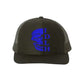 Black mesh snapback trucker hat with blue skull logo and IDLH text for subdued style