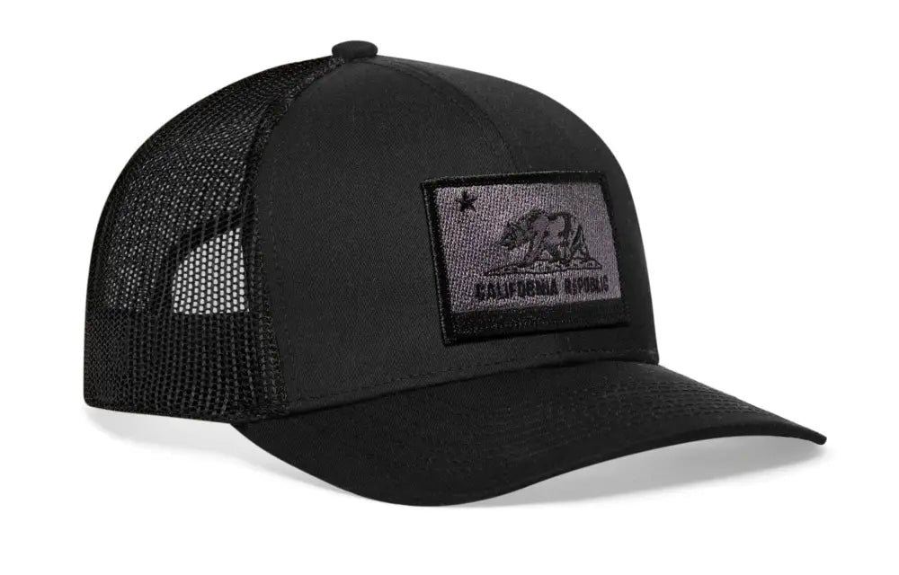 Black mesh California Flag Trucker hat tactical with a bear patch and snapback design