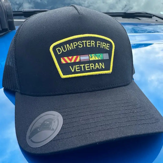 Black mesh trucker hat with Dumpster Fire Veteran patch for Veteran Hoser enthusiasts