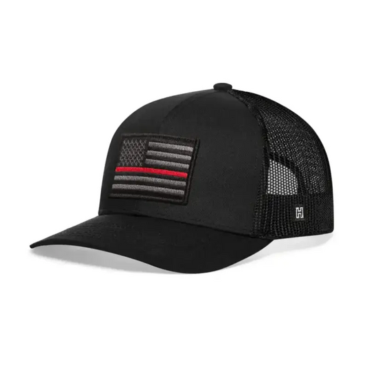 Black mesh red line trucker hat with gray and red American flag patch