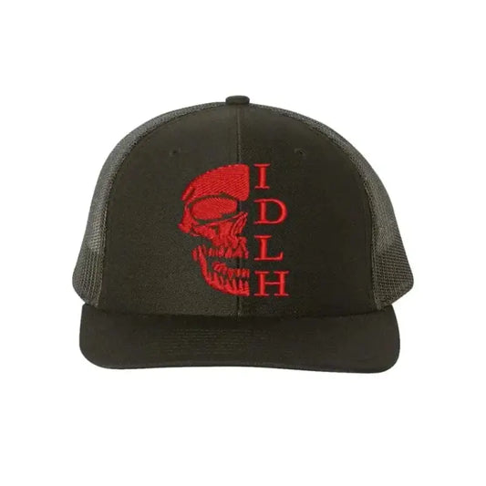 Black mesh snapback trucker hat with subdued red skull design and IDLH text