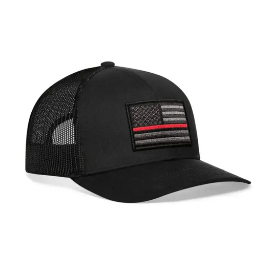 Black mesh trucker hat featuring thin red line American flag patch, perfect red line trucker