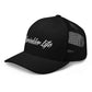 Black mesh Sprinkler Life trucker hat with embroidered text on the front