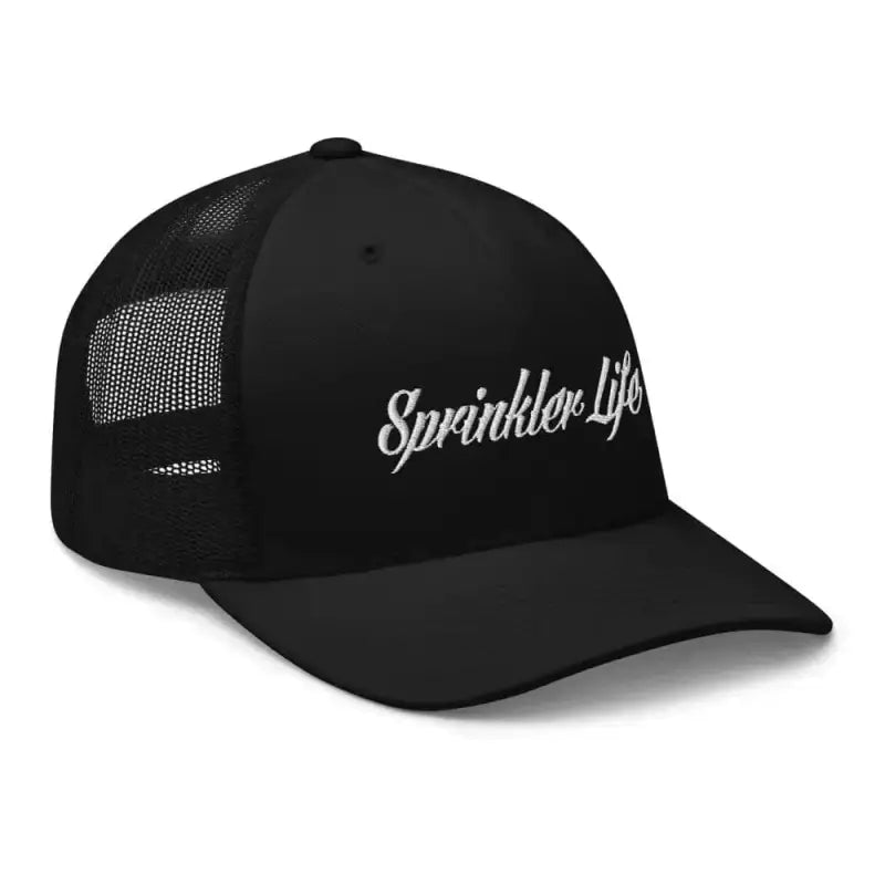 Black mesh trucker hat with Sprinkler Life text, ideal for a stylish sprinkler life trucker