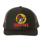 Black mesh fitted trucker hat with Truck-ee’s logo patch featuring a raccoon and dog