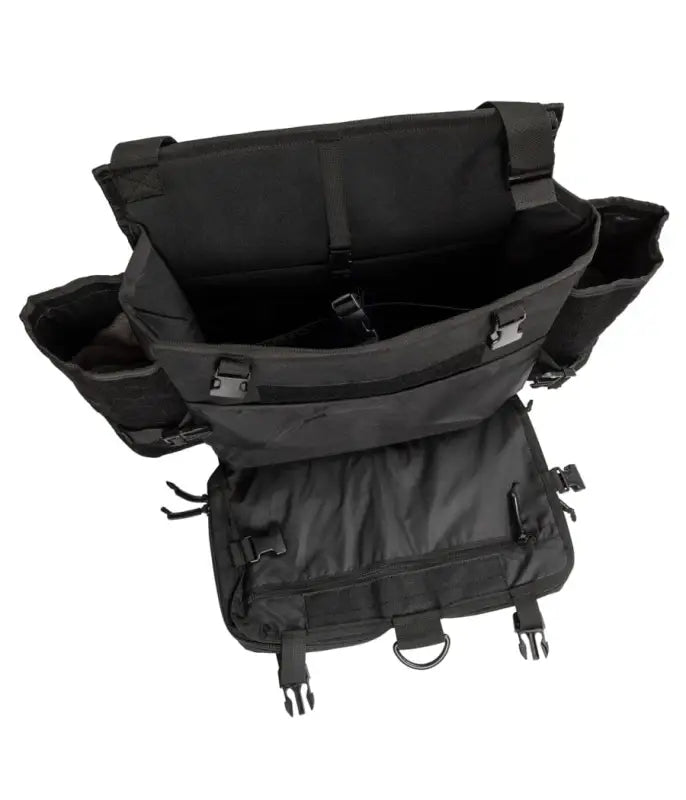 Black Harlej Bag with multiple compartments and buckle closures for versatile storage