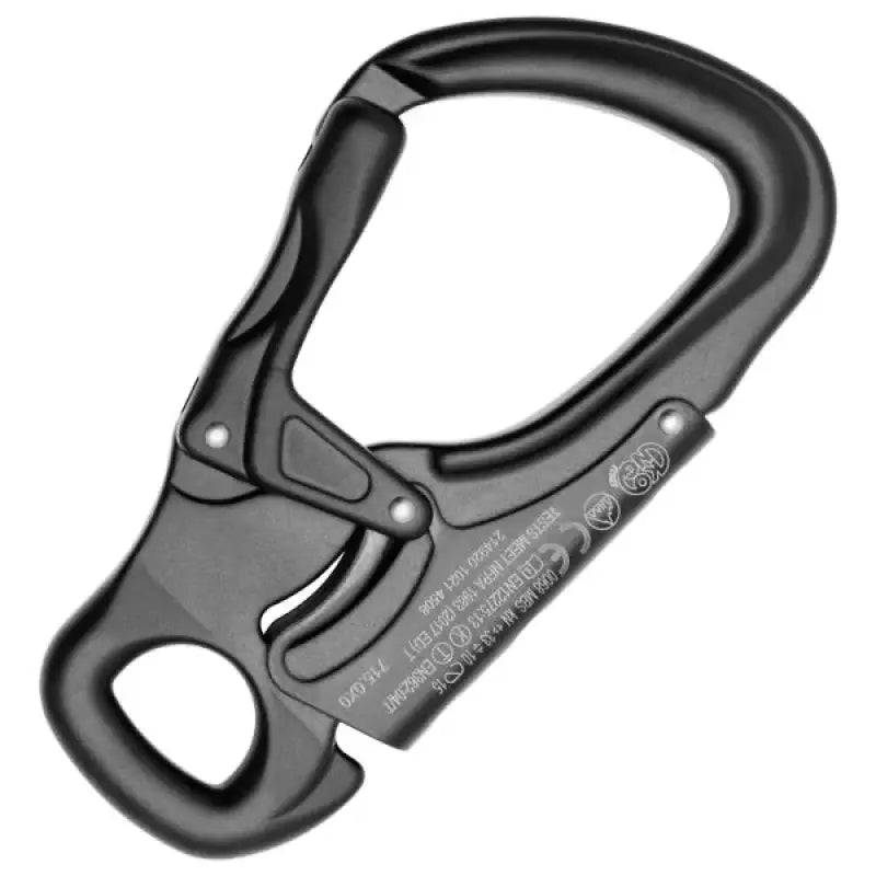 Black metal carabiner with locking gate ideal for firefighters, police, and first responders