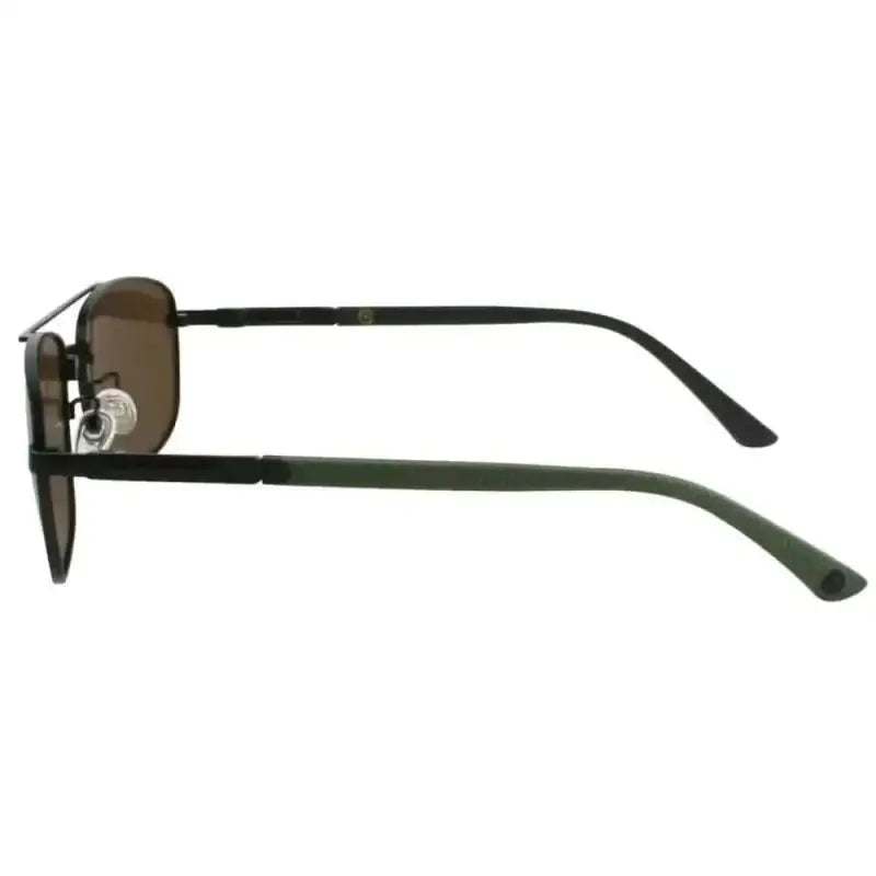 Black metal-framed polarized aviator sunglasses with brown lenses and green temples