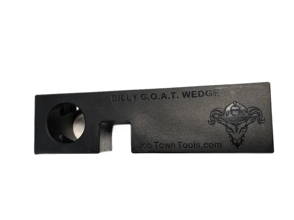 Black metal G.O.A.T. wedge tool with ram logo for Onyx Wedge- Fiberglass Plastic Door Chock