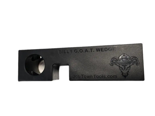 Black metal G.O.A.T. wedge tool with ram logo for Onyx Wedge- Fiberglass Plastic Door Chock