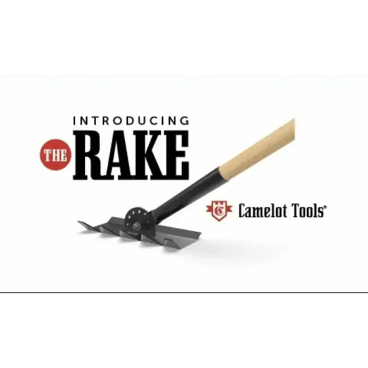 Black metal rake head with wooden handle from Camelot Tools Rake for efficient gardening