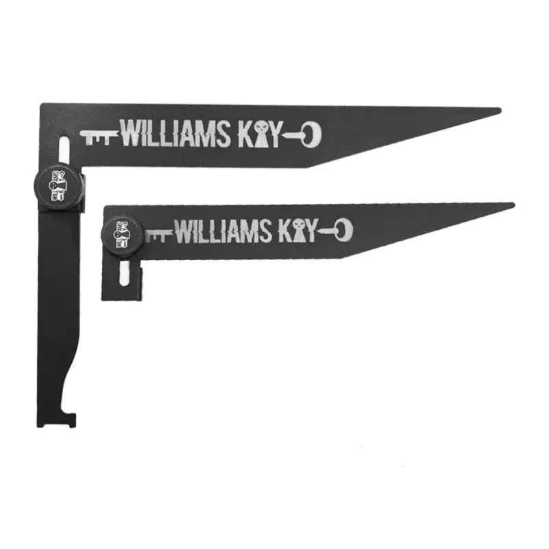 Black metal shelf brackets with custom engraving ’WILLIAMS KEY’ for Folding Williams Key