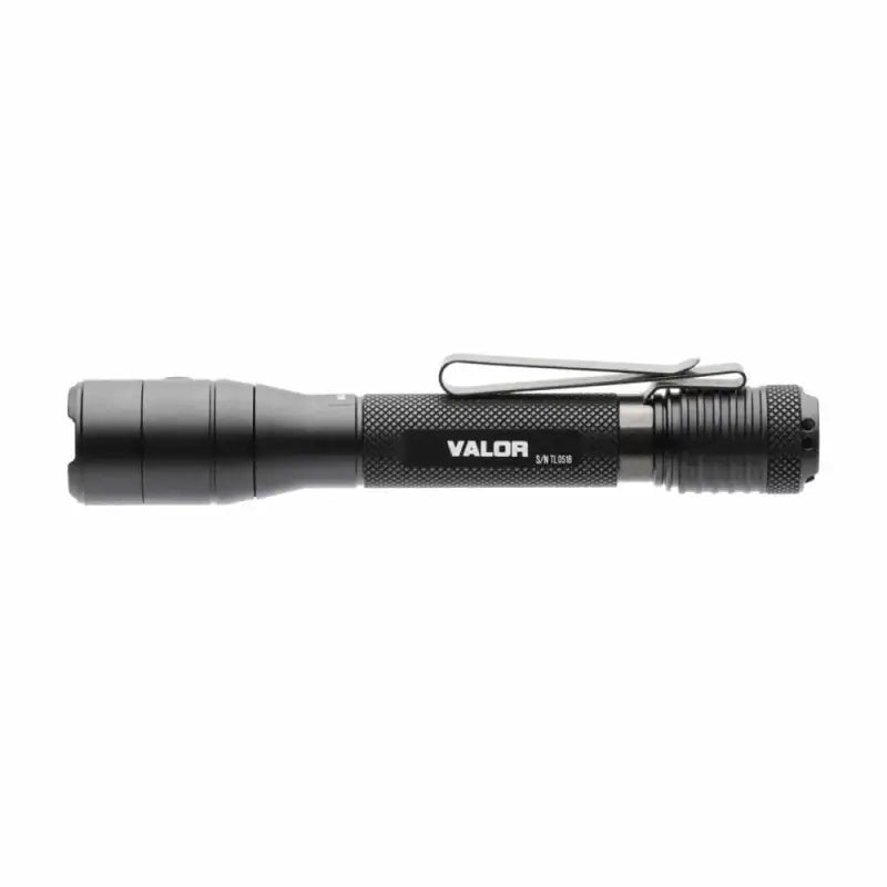 Black metal tactical flashlight with VALOR branding featuring CREE XML-U3 and crenelated bezel